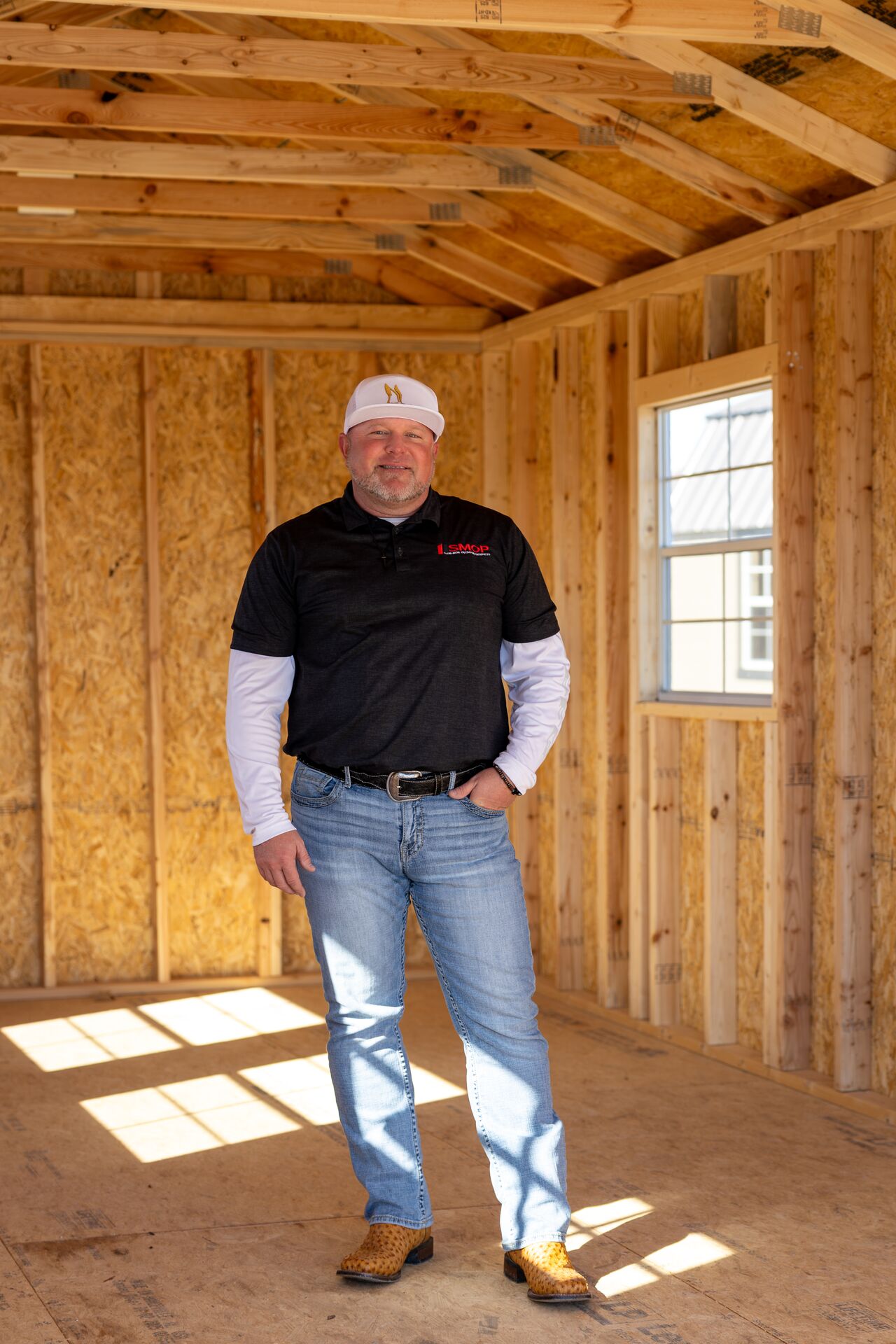 Darren Warren inside Stor-Mor shed
